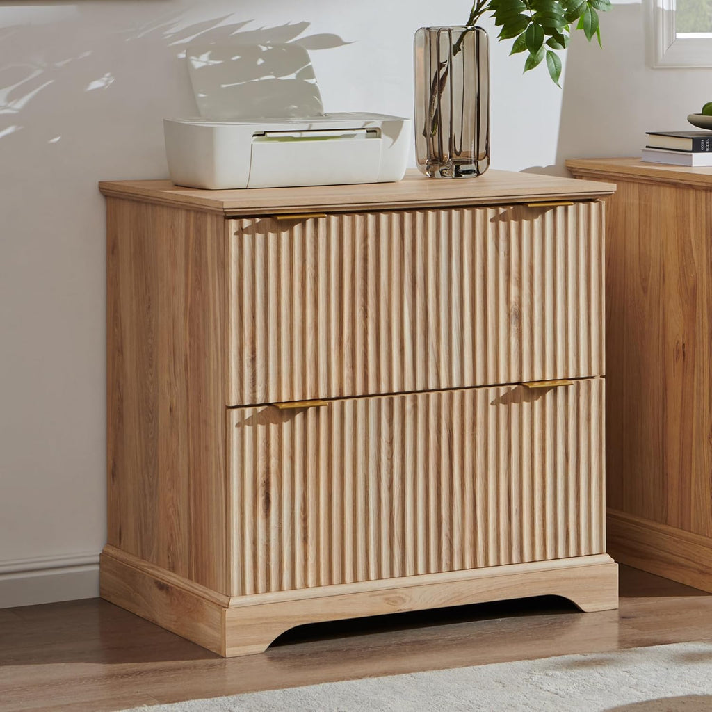 JXQTLINGMU 2 Drawer File Cabinet with Charging Station, 30" Fluted Lateral File Cabinet w/Files Hanging Rod for Letter/Legal/A4, Large Tabletop for Printer, Office Wood Printer Cabinets, Oak