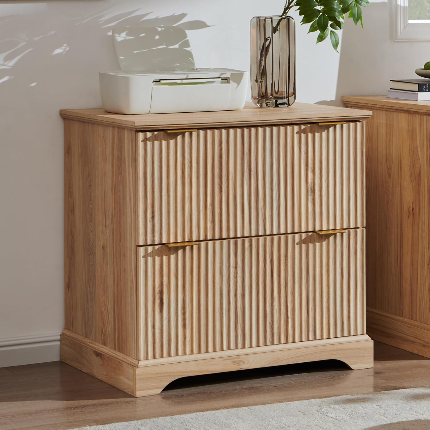 JXQTLINGMU 2 Drawer File Cabinet with Charging Station, 30" Fluted Lateral File Cabinet w/Files Hanging Rod for Letter/Legal/A4, Large Tabletop for Printer, Office Wood Printer Cabinets, Oak