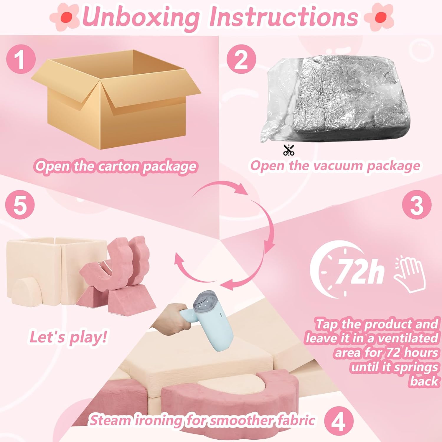 10-Piece Mini Kids Play Couch, Modular Flower Foam Sofa for Toddlers, Convertible Soft Play Sofa with Washable Cover, Indoor Climbing Furniture for Nursery & Playroom, Pink & Beige
