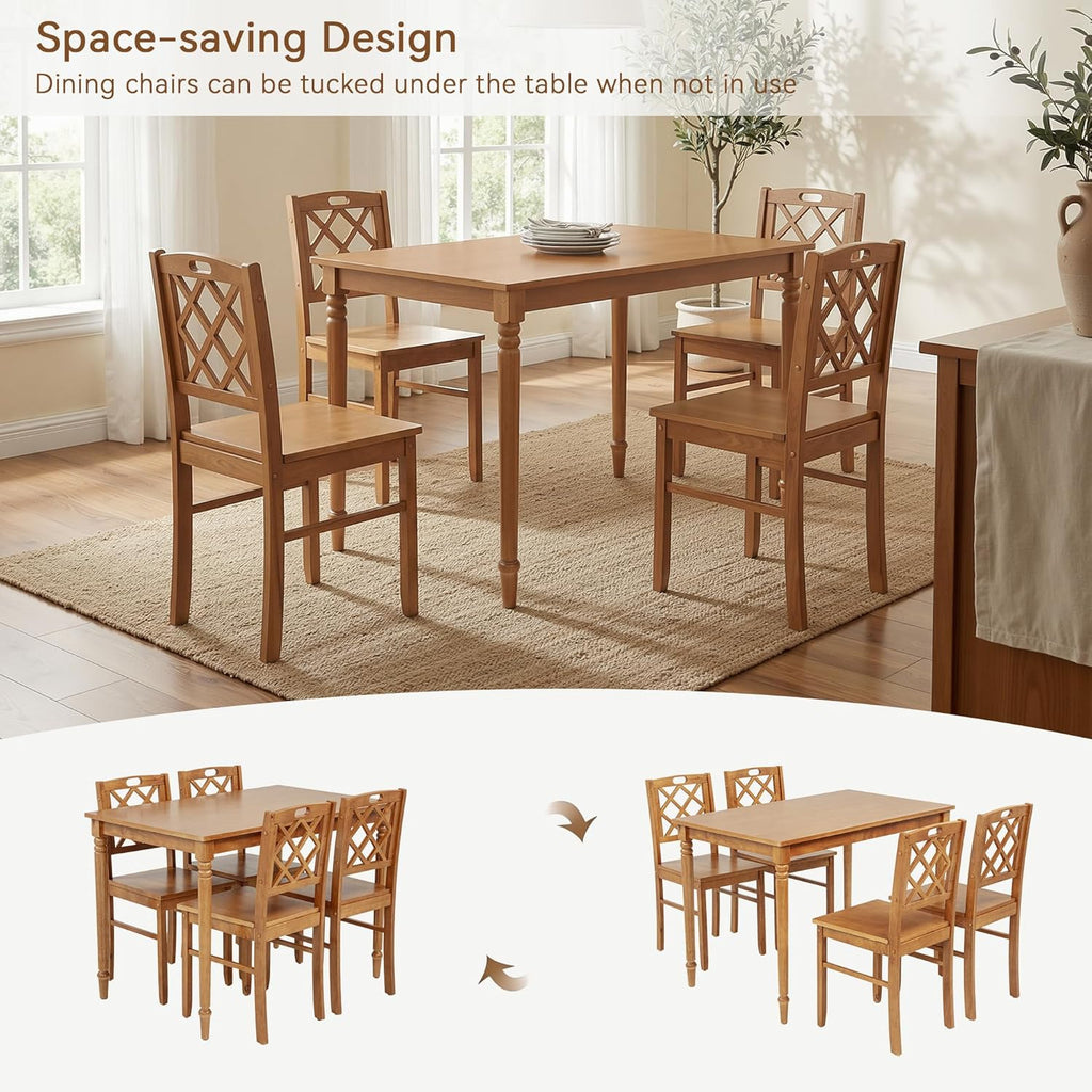 5-Piece Solid Wood Dining Table Set for 4, Farmhouse Rectangular Kitchen Table with 4 Soild Chairs, Space-Saving Design for Small Dining Room, Apartment, Breakfast Nook, Natural-Wood