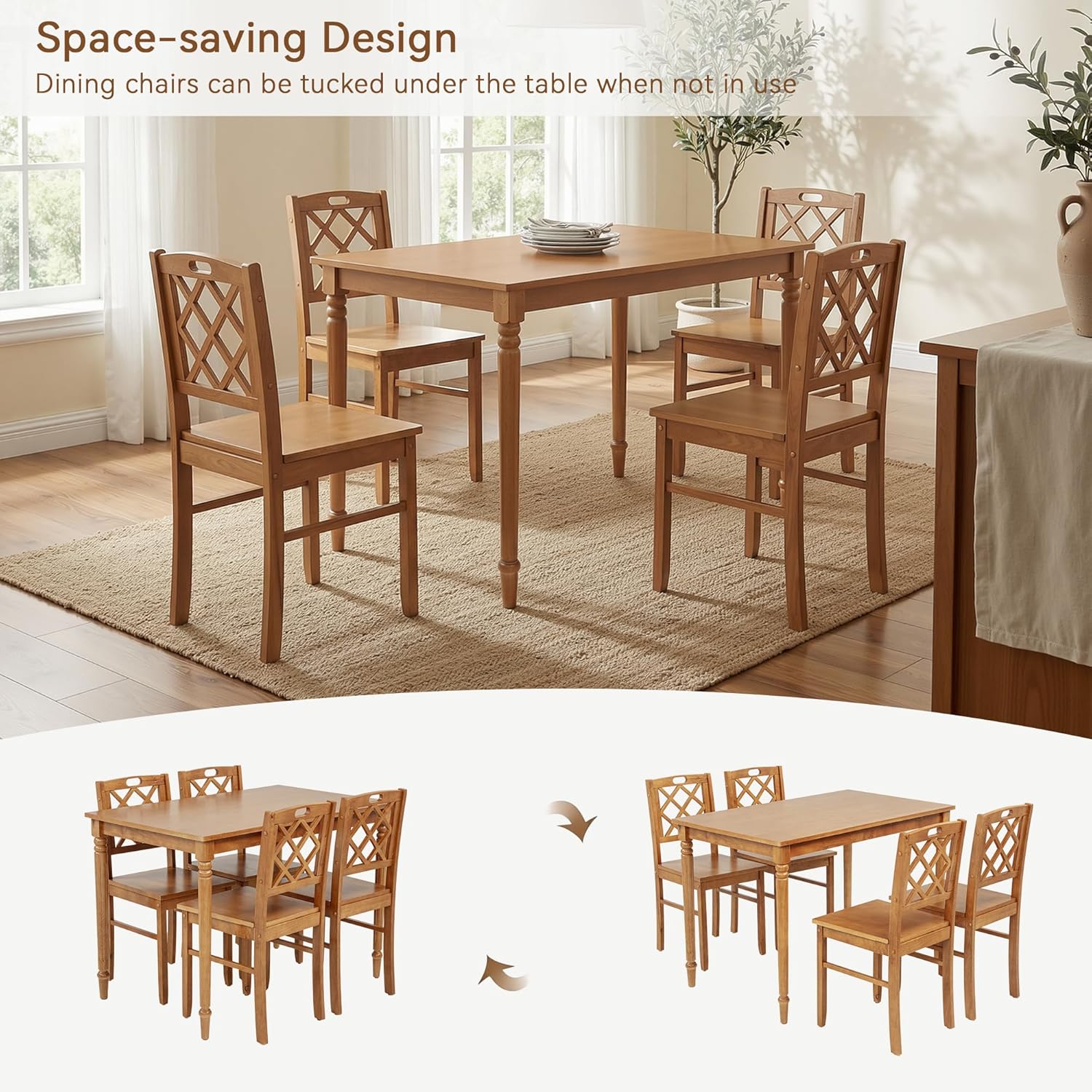 5-Piece Solid Wood Dining Table Set for 4, Farmhouse Rectangular Kitchen Table with 4 Soild Chairs, Space-Saving Design for Small Dining Room, Apartment, Breakfast Nook, Natural-Wood