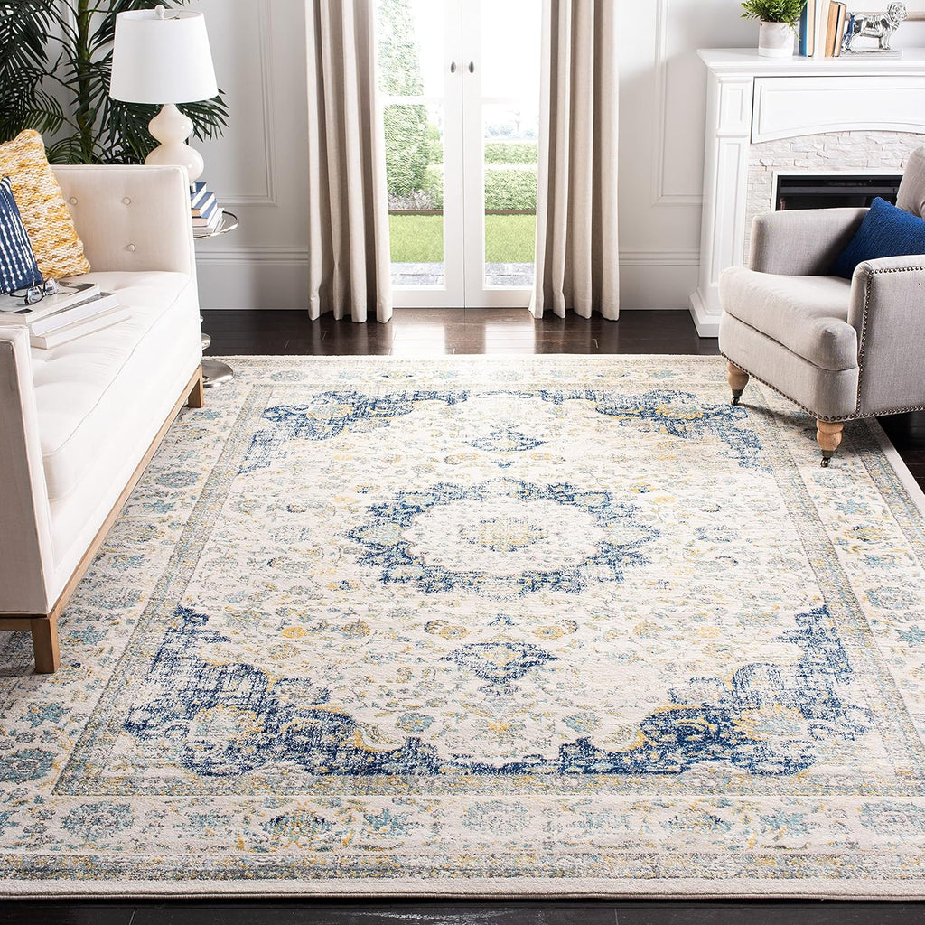 SAFAVIEH Area Rug 9x12 - Evoke Collection - Large - Ivory & Blue, Shabby Chic Oriental Medallion Design, Non-Shedding & Easy to Clean, Ideal for Living Room, Bedroom, Dining Space (EVK220C)