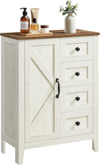 VASAGLE LIRY Collection - Storage Cabinet, Farmhouse Bathroom Floor Cabinet with 4 Drawers, Freestanding Storage Organizer, Barn Door, Adjustable Shelf, Rustic White, UBBK753W01