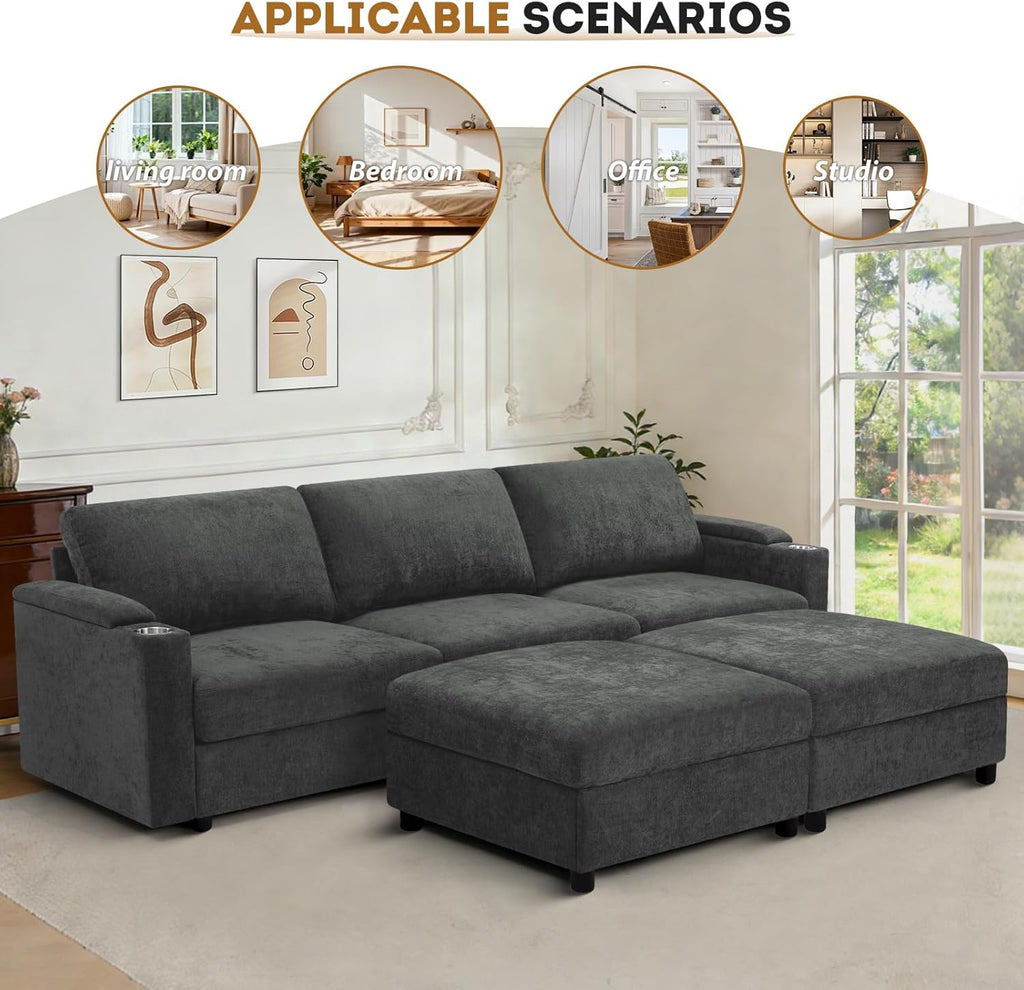 108'' Chenille Sectional Couch with Storage Armrests,U Shaped Upholstered Sofa with 2 Movable Ottomans, 5-Seat Modular Couch with Cup Holders for Living Room, Grey