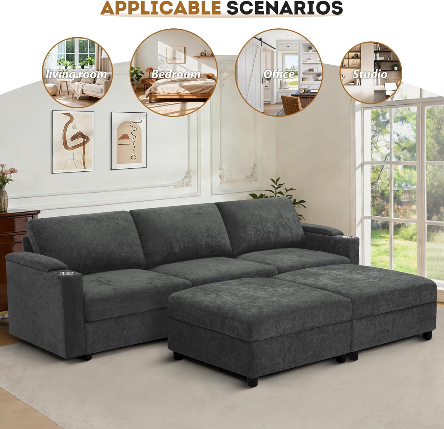 108'' Chenille Sectional Couch with Storage Armrests,U Shaped Upholstered Sofa with 2 Movable Ottomans, 5-Seat Modular Couch with Cup Holders for Living Room, Grey