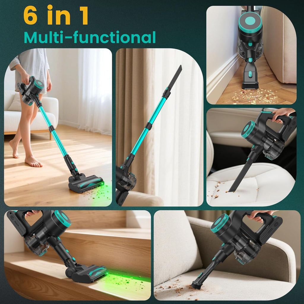 Zefiro 350W Cordless Vacuum Cleaner,45Mins Runtime Vacuum Cleaners for Home, Anti-Tangle and 1.5L Dust Cup, Lightweight Vacuum for Hardwood Floor Carpet Pet Hair (Green)