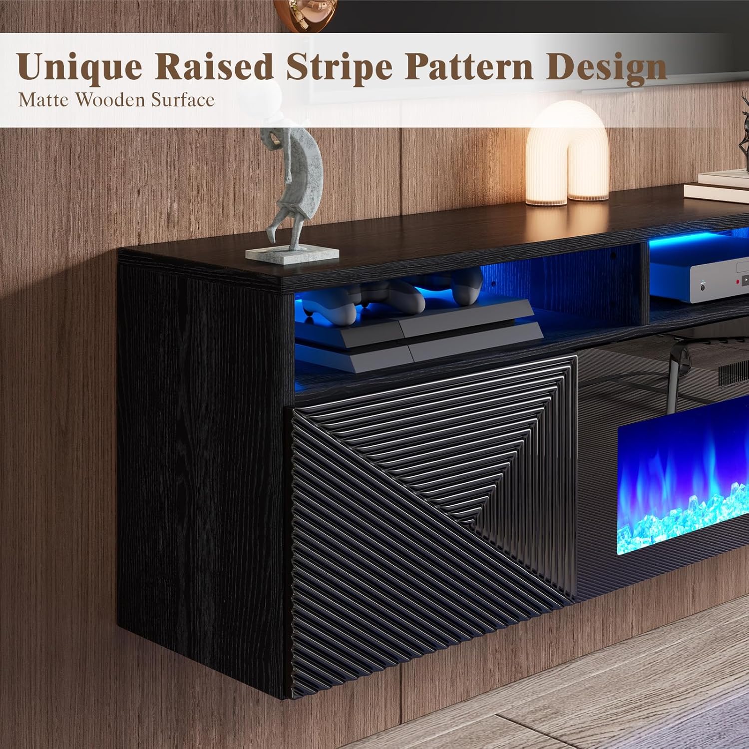 Floating TV Stand with 36" Electric Fireplace, 70 inch Wall Mounted Electric Fireplace Entertainment Center with Storage Space, TV Stand for Living Room for TVs Up to 80", All Black