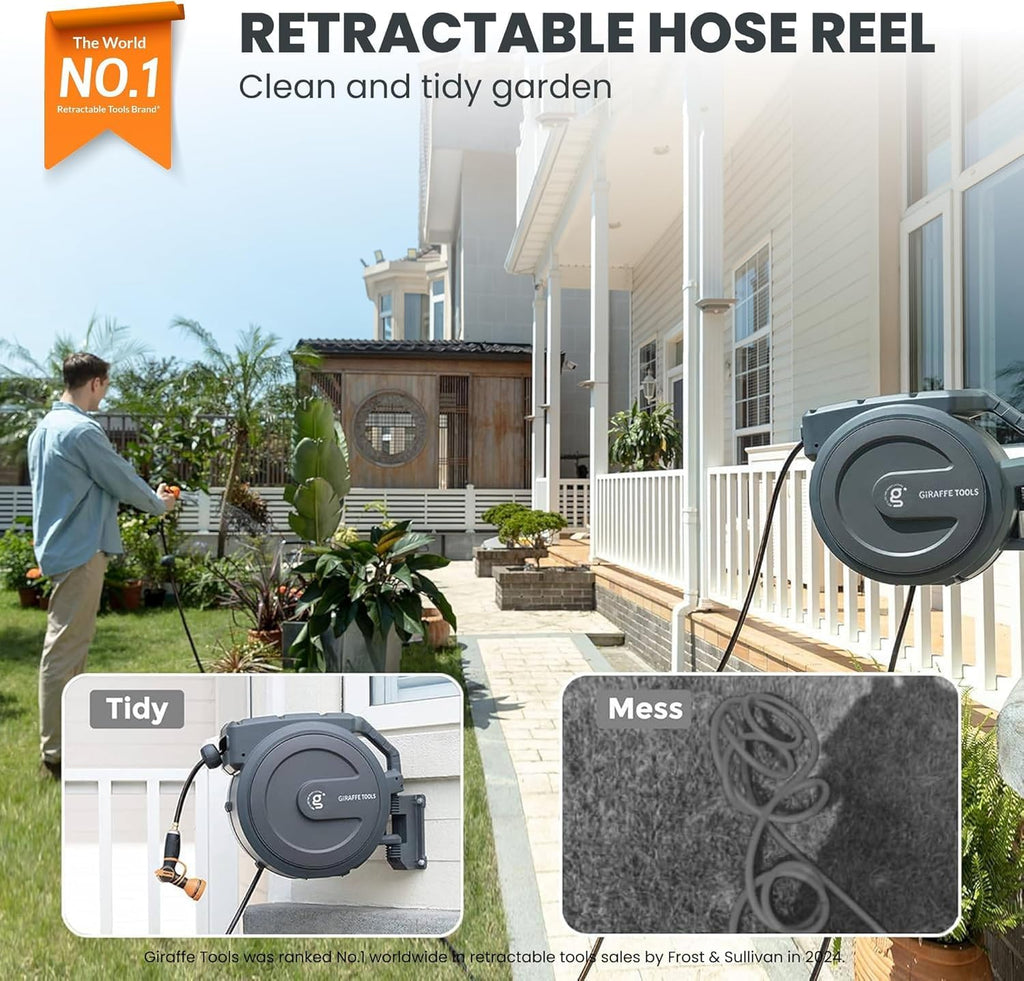Giraffe Tools AW505/8 Retractable Garden Hose Reel 5/8" x 115+5 ft  Heavy Duty Wall Mounted Water Hose Reel Automatic Rewind  180 Deg Swivel Bracket  Slow Retraction  115ft  Dark Grey