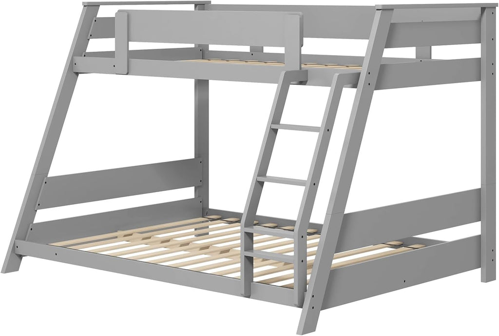 KOMFOTT Twin Over Full Convertible Bunk Bed with Reversible Ladder, Solid Wood Frame, Slats Support & Guardrails, No Box Spring Needed (Grey)