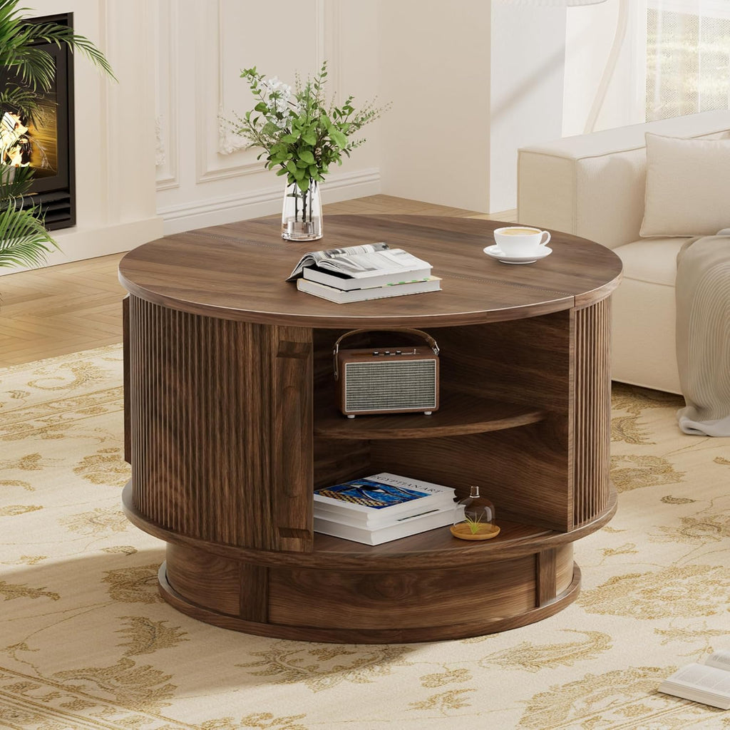 31.5" Round Fluted Coffee Table with Hidden Storage, Modern Wood Coffee Table with Flip-Up Hinged Tabletop, Divided Compartments and Rotating Base for Living Room & Apartment (Walnut)