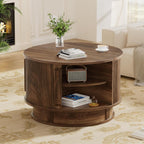31.5" Round Fluted Coffee Table with Hidden Storage, Modern Wood Coffee Table with Flip-Up Hinged Tabletop, Divided Compartments and Rotating Base for Living Room & Apartment (Walnut)