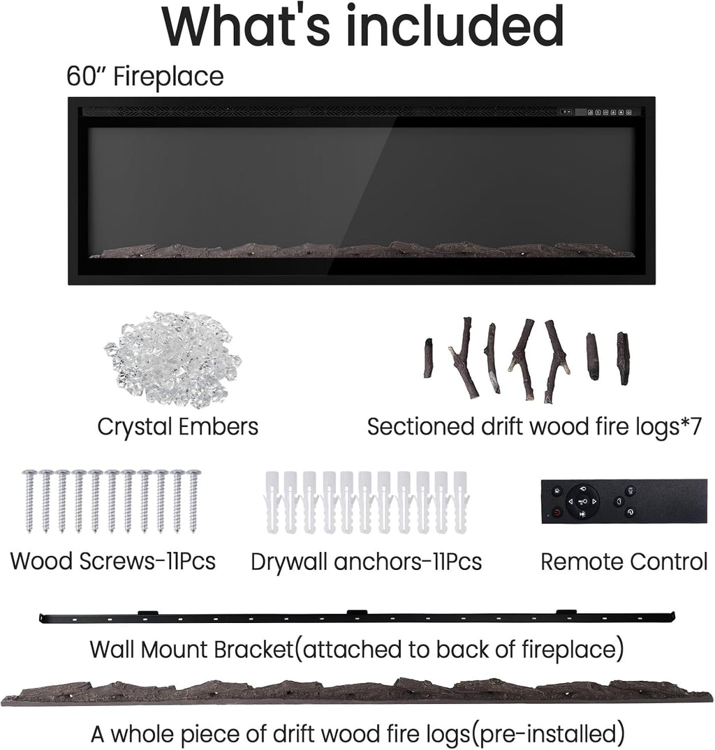 60” Smart Electric Fireplace with Voice Control, Realistic Flame, Crackling Sound, Wall Mounted or Recessed Fireplace Insert, App/Remote Control, Logs & Crystals Included for Living Room, Bedroom