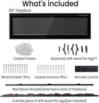 60” Smart Electric Fireplace with Voice Control, Realistic Flame, Crackling Sound, Wall Mounted or Recessed Fireplace Insert, App/Remote Control, Logs & Crystals Included for Living Room, Bedroom