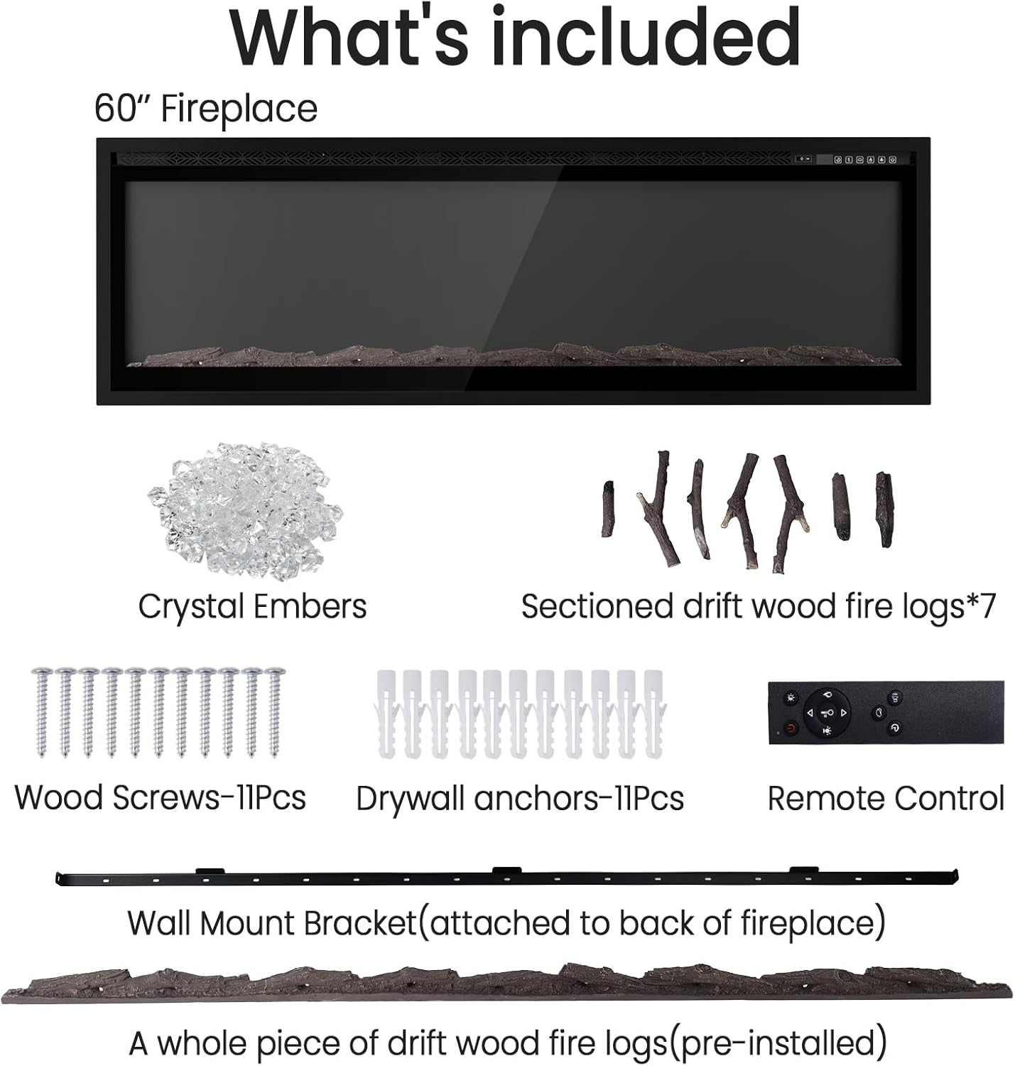 60” Smart Electric Fireplace with Voice Control, Realistic Flame, Crackling Sound, Wall Mounted or Recessed Fireplace Insert, App/Remote Control, Logs & Crystals Included for Living Room, Bedroom