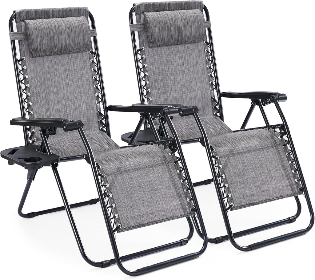 Sweetcrispy Zero Gravity Chairs, Set of 2 Portable Recliner Beach Camping Patio Outdoor Folding Lounge Chair with Cup Holder Trays and Adjustable Pillow for Poolside, Garden, Backyard, Lawn (Grey)