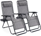 Sweetcrispy Zero Gravity Chairs, Set of 2 Portable Recliner Beach Camping Patio Outdoor Folding Lounge Chair with Cup Holder Trays and Adjustable Pillow for Poolside, Garden, Backyard, Lawn (Grey)