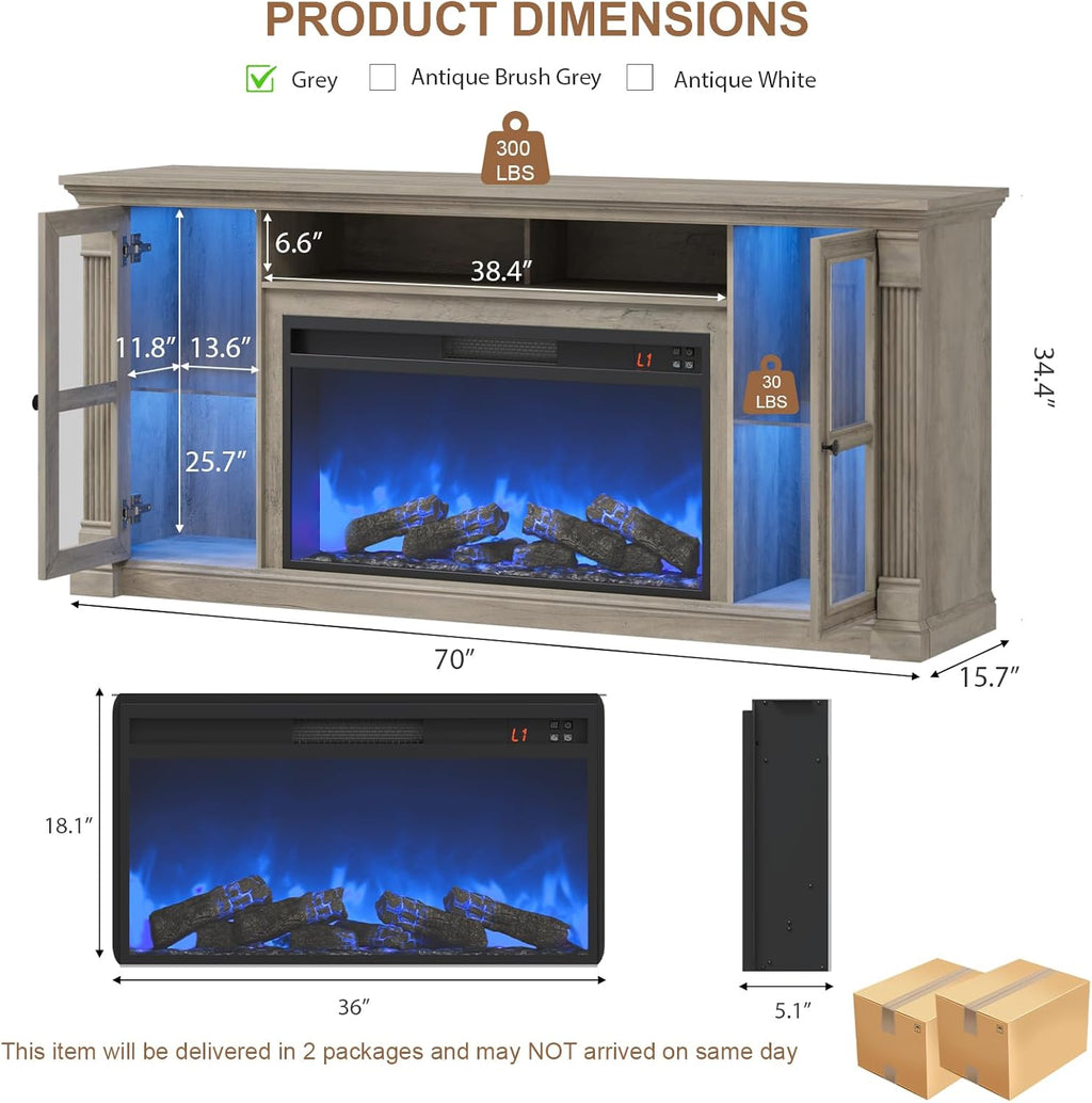 Farmhouse Fireplace TV Stand Up to 80" TVs, 70" Modern Highboy Entertainment Center with 36" Electric Fireplace & LED Lights, Media Console with Adjustable Shelves for Living Room, Gray
