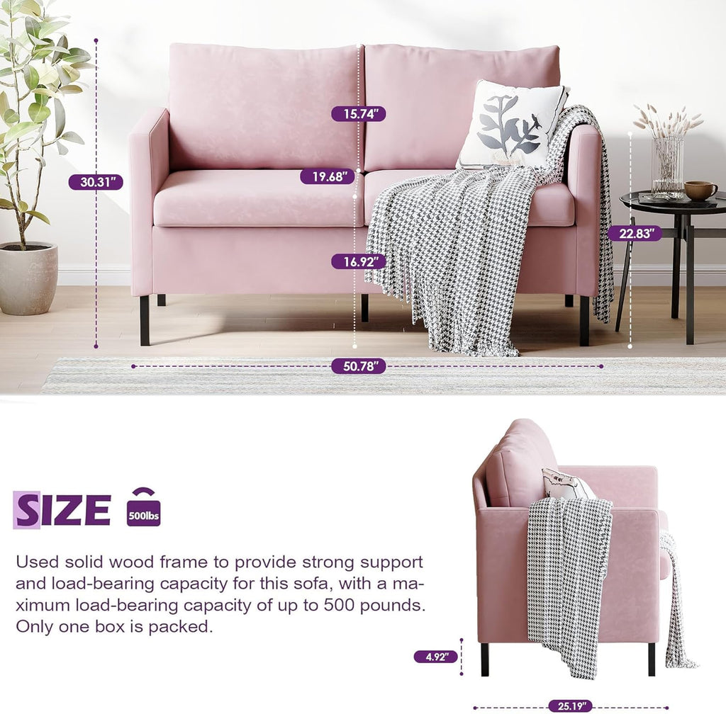 TYBOATLE Love Seat Mid Century Modern Small Loveseat for Living Room, 51" W Mini Little Upholstered 2-Seater Love Seats w/Iron Legs for Compact Small Space, Apartment, Bedroom, Dorm, Office (Pink)