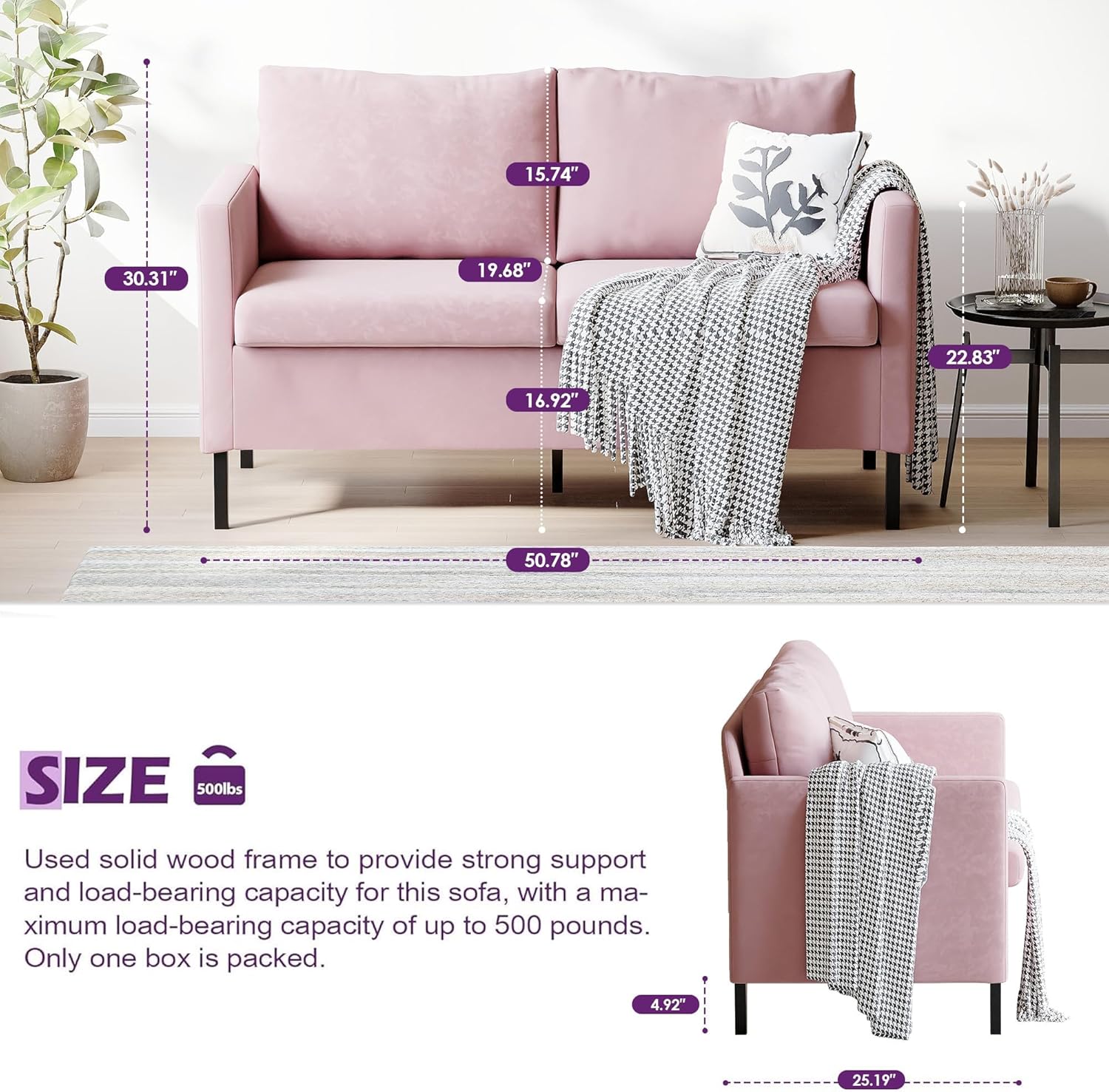TYBOATLE Love Seat Mid Century Modern Small Loveseat for Living Room, 51" W Mini Little Upholstered 2-Seater Love Seats w/Iron Legs for Compact Small Space, Apartment, Bedroom, Dorm, Office (Pink)