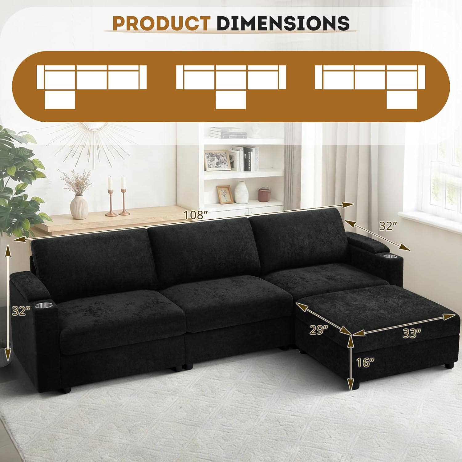 108'' Chenille Sectional Couch with Storage Armrests,L Shaped Upholstered Sofa with Movable Ottoman, 4-Seat Modular Couch with Cup Holders for Living Room, Black