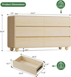 Lulive Wood Dresser for Bedroom, 53” Wide Chest of Drawers with 6 Drawers, Modern Closet Storage Drawer with Curved Profile Design for Living Room, Hallway, Entryway, Natural