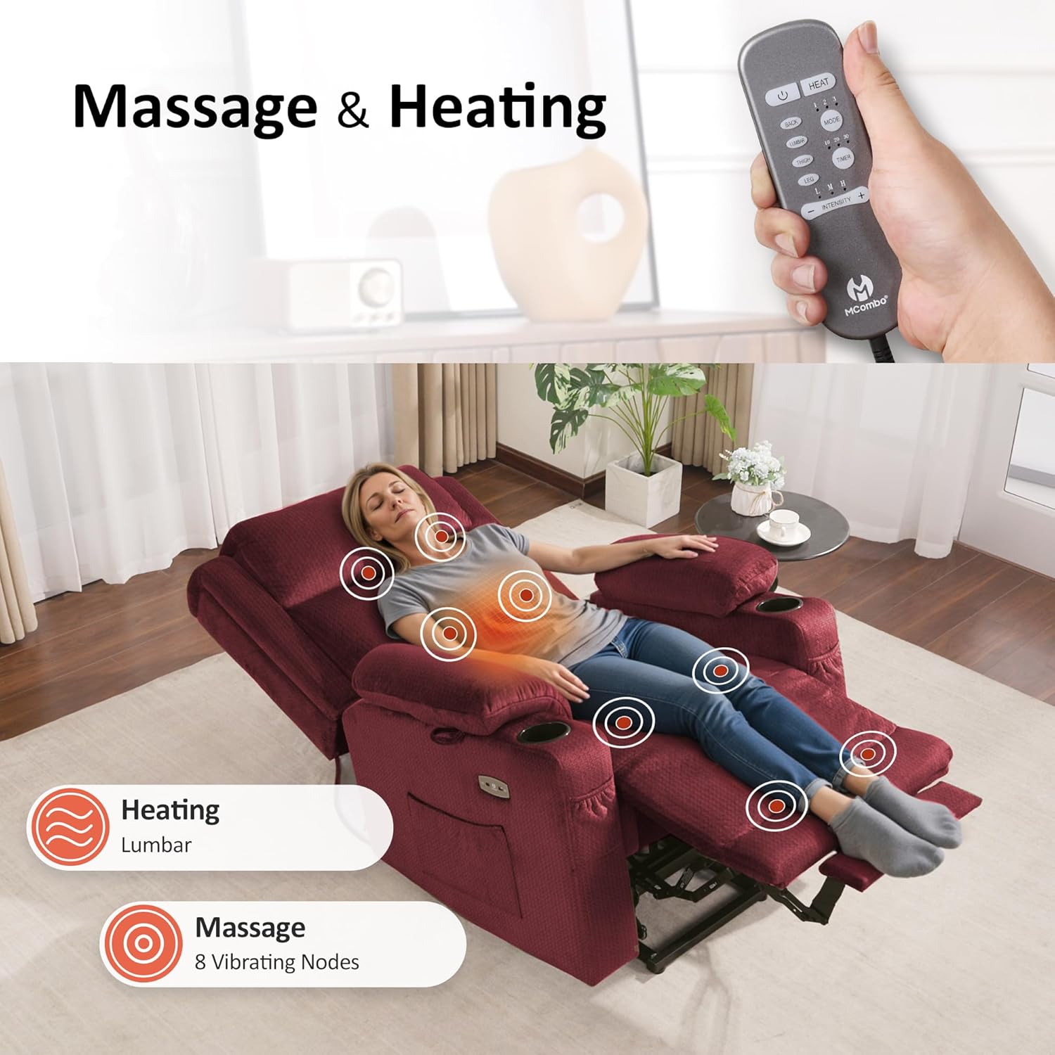 MCombo Triple Motor Power Lift Recliner with Massage and Heat, Electric Recliner Chair for Elderly People, Adjustable Headrest, Infinite Position, Cup Holders, USB Ports, Fabric 7661(Burgundy, Medium)