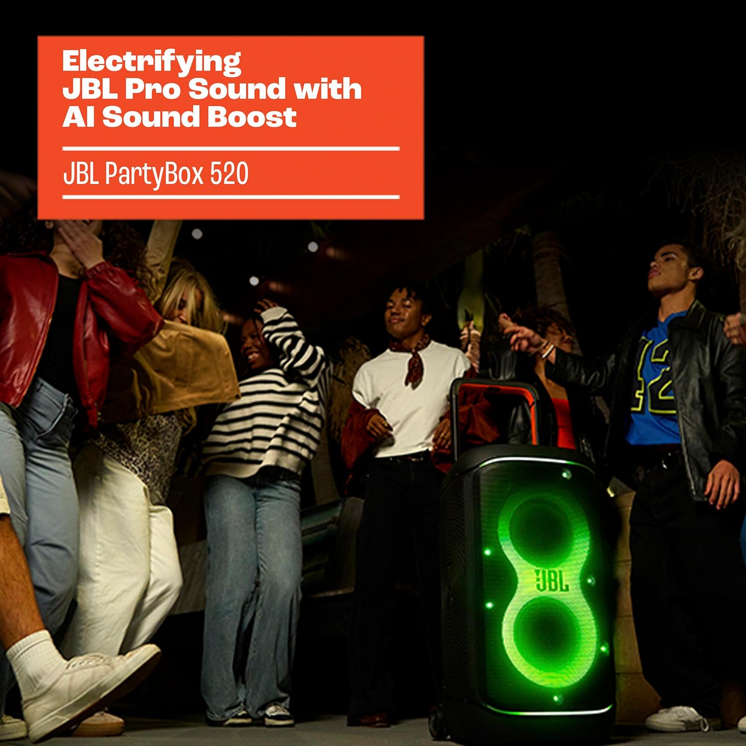 JBL PartyBox 520 - Portable Battery-Powered Party Speaker with AI Sound Boost  Up to 15 Hours of Play time  IPX4 Splash Proof  Multi-Speaker Connection by Auracast  and Telescopic Handle (Black)