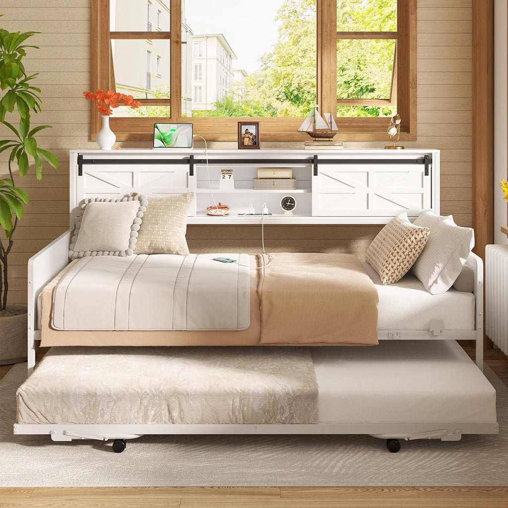Homieasy Twin Daybed with Pop Up Trundle, Farmhouse Twin Bed with Bookcase Headboard and Charging Station, Metal Sofa Bed Frame with Barn Door Storage for Living Room, Bedroom, Guest Room, White