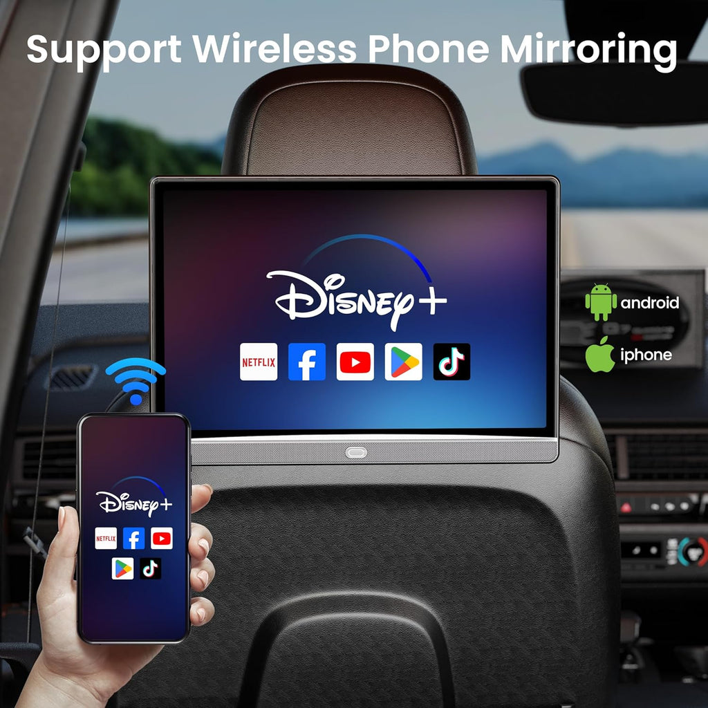 WONNIE 13.3 Inch Android Car TV with WiFi 5G - 4K Headrest Video Player for Back Seat  Portable TV Monitor Support Phone Link Bluetooth FM HDMI USB Airplay (3G Ram 32G ROM)