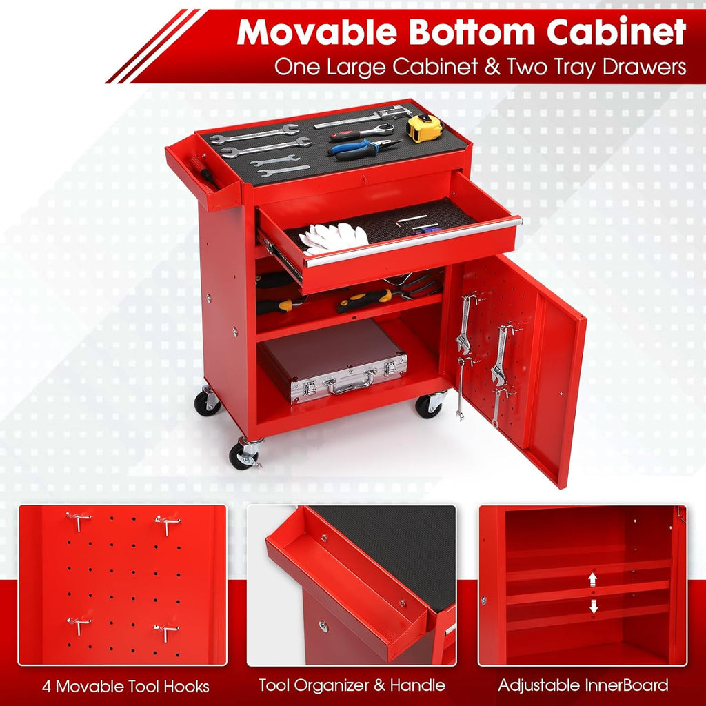 Dawmilon 5-Drawer Rolling Tool Chest, Detachable Top Tool Box, Lockable Metal Tool Cabinet with Wheels, Adjustable Shelf and Liner for Garage Workshop Storage, Red