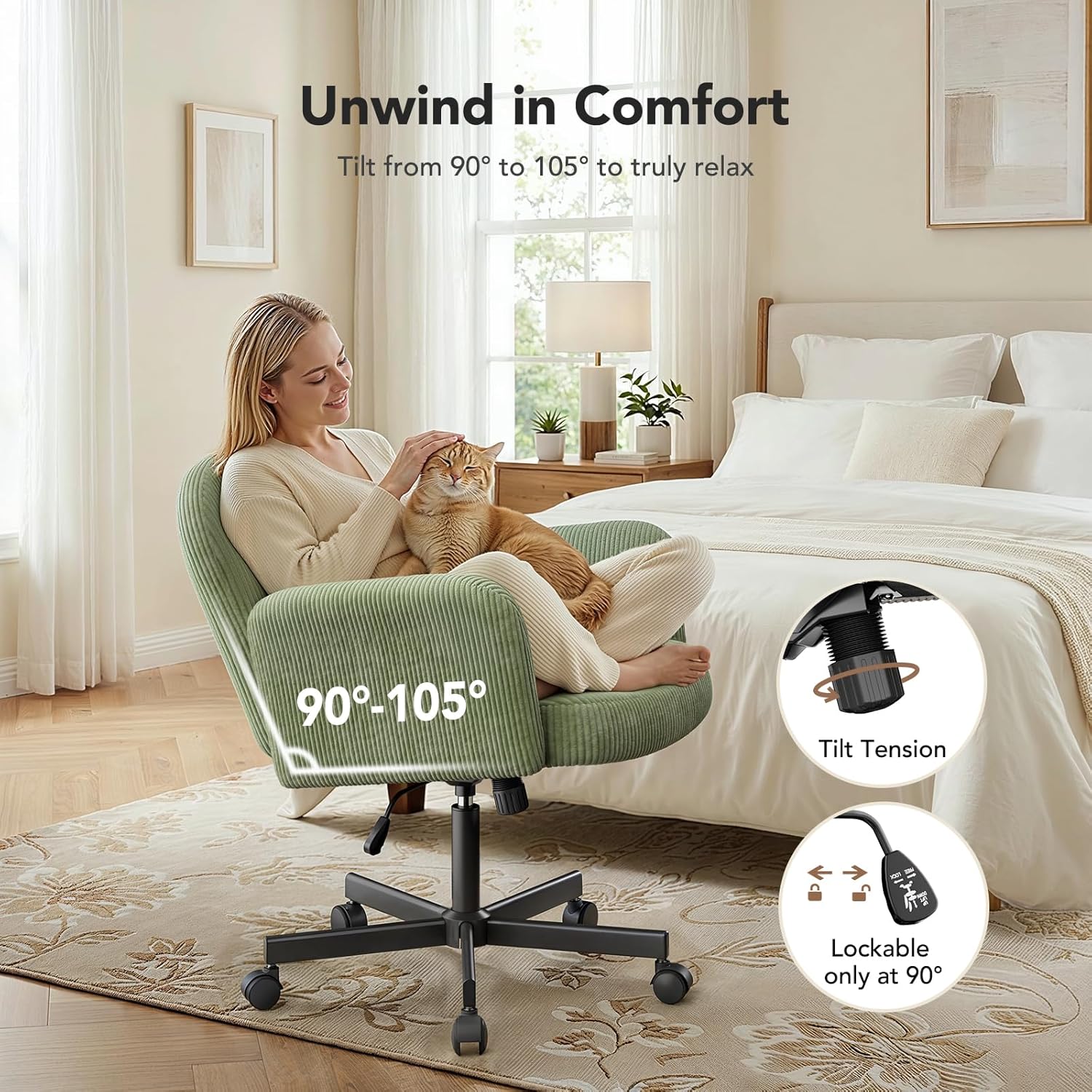 HUANUO Vanity Chair with 6-Position Adjustable Armrests, Criss Cross Chair with Wide Cushion, Soft Corduroy Fabric, 90°-105° Recline, Pet-Friendly, Perfect for Makeup Bedroom, Home Office, Light Green