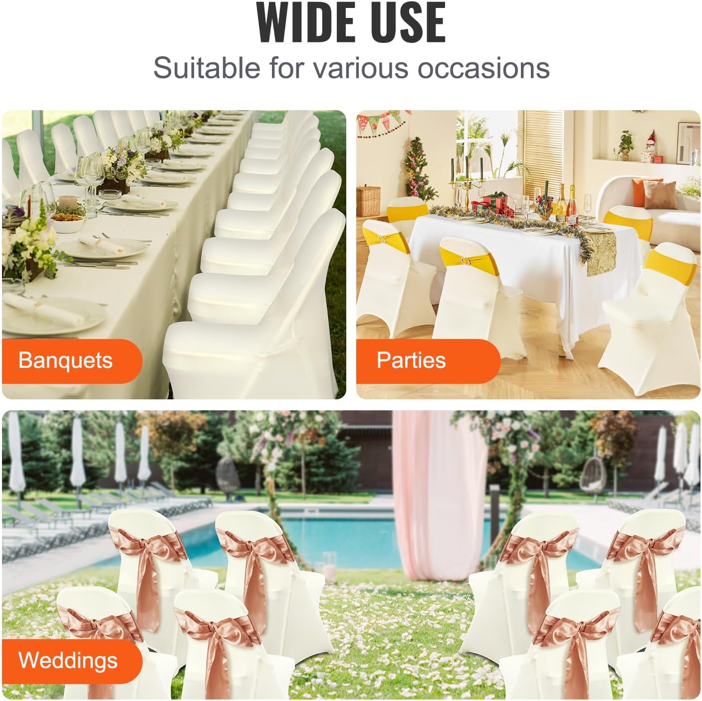VEVOR Stretch Spandex Folding Chair Covers, Universal Fitted Chair Cover, Removable Washable Protective Slipcovers, for Wedding, Holiday, Banquet, Party, Celebration, Dining (30PCS Ivory White)