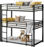 LIKIMIO Triple Bunk Bed, Bunk Bed Twin Over Twin Over Twin, Triple Bunk with 2 Ladders, Metal Bed Frame with Guardrails for Bedroom, No Box Spring Needed, Black