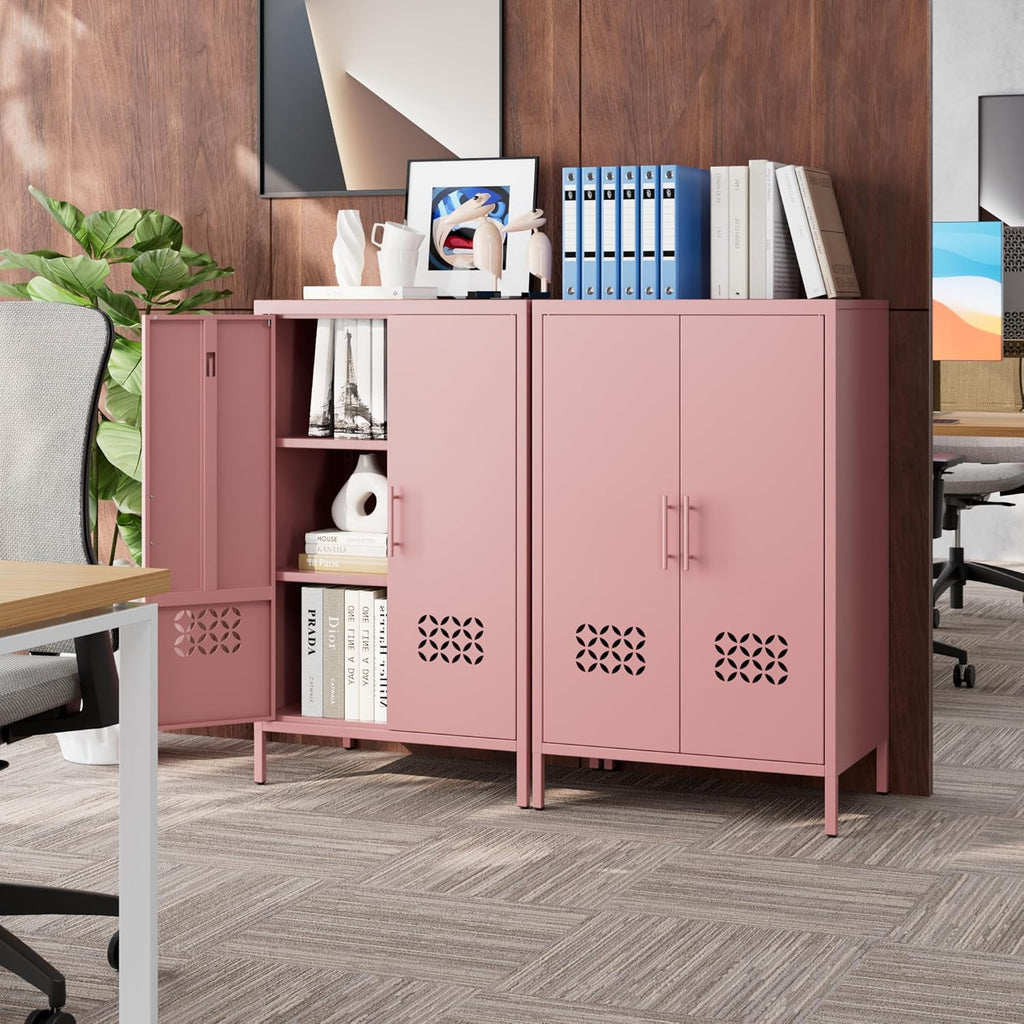 Metal Storage Cabinet with Adjustable Shelves,Metal Sideboard Cabinet with 2 Doors for Home,Office, 42" H x 26" W x 14" D,Assembly Required,Pink