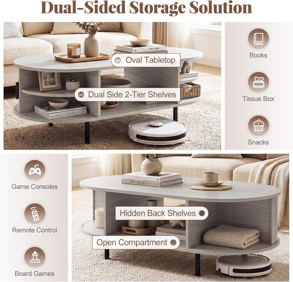 Giantex Oval Coffee Table, 47.5" Mid Century Modern Center Table with Sliding Tambour Doors, Hidden Storage & Open Compartment, Fluted Wood Living Room Tables for Small Spaces (Light Grey Oak)