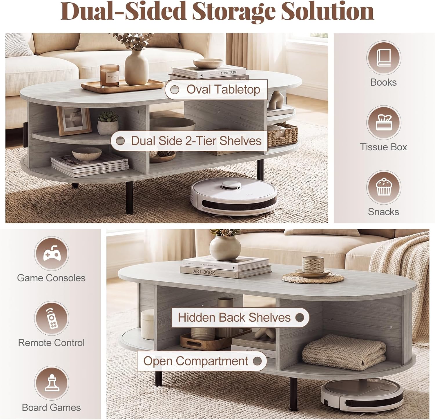 Giantex Oval Coffee Table, 47.5" Mid Century Modern Center Table with Sliding Tambour Doors, Hidden Storage & Open Compartment, Fluted Wood Living Room Tables for Small Spaces (Light Grey Oak)