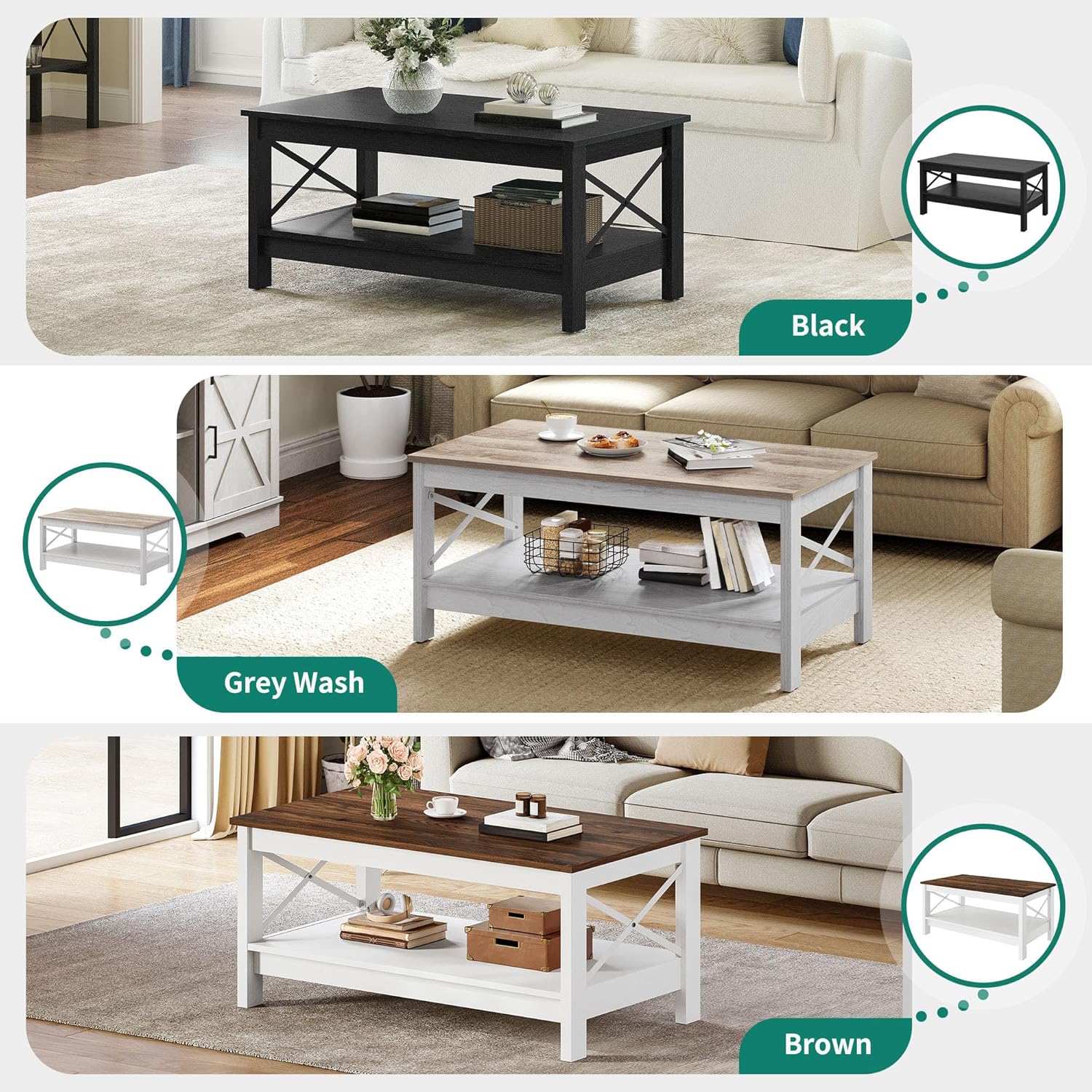 YITAHOME Coffee Table for Living Room, Modern Farmhouse Coffee Table with Storage, 2-Tier Center Table Wood Living Room Table Accent Cocktail with Sturdy Frame, Brown