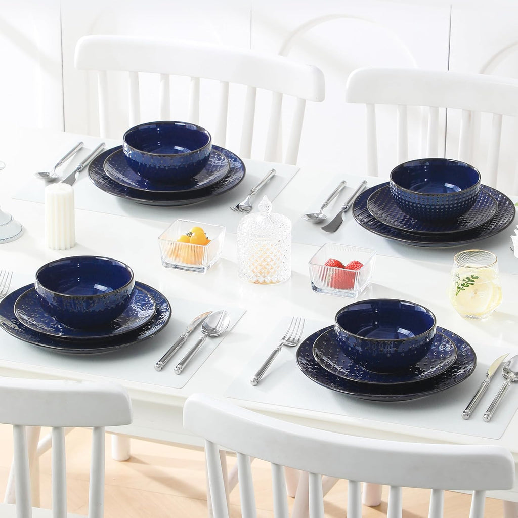 MALACASA 12 Pieces Dinnerware Sets, Modern Plates and Bowls Sets, Blue Dish Set for 4, Kitchen Ceramic Dinner Plates Dishware Set, Microwave and Dishwasher Safe, Series LYDIA