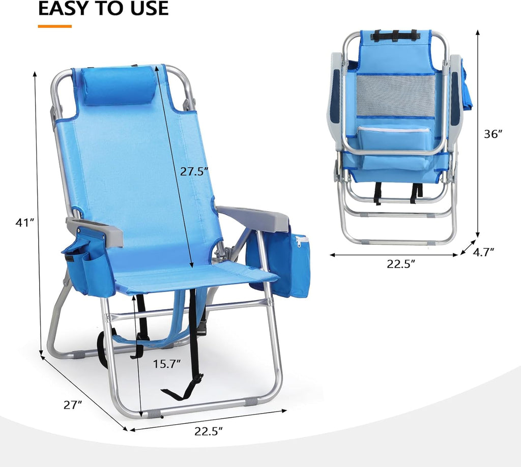 VINGLI Tall Beach Chair 2 Pack Lightweight, Backpack Beach Chair for Adults with 5-Position, Cooler Bag, Cup Holders, Towel Bar, Folding Beach Camping Chairs（16“-Blue）
