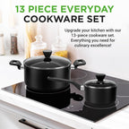 NutriChef 13-Piece Nonstick Cookware - Heat Resistant Kitchen Ware Set w/Saucepan, Frying Pans, Cooking Pots, Casserole, Lids, Ladle, Fork, Strainer - NCCWA13, Black