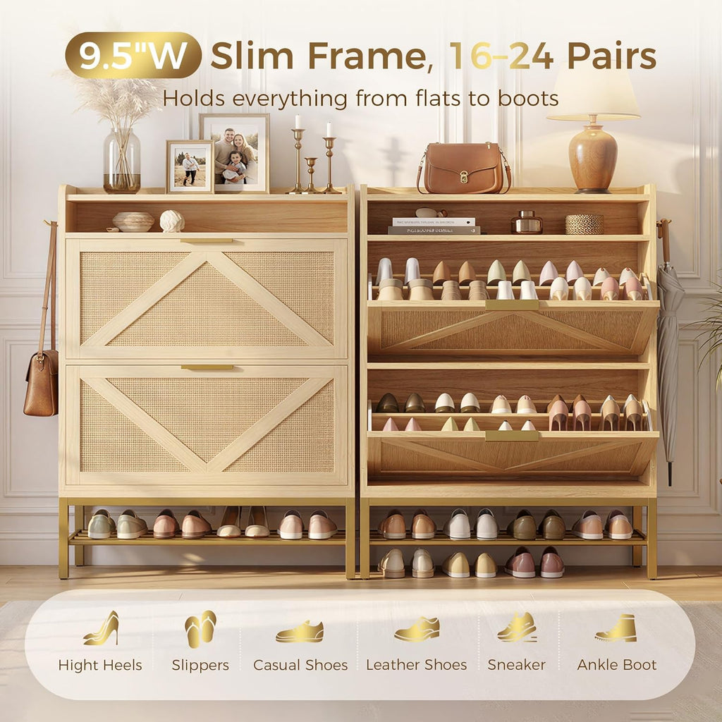 IRONCK Shoe Cabinet with 2 Flip Drawers, 48.3" H x 34.2" W x 10.2" D, Rattan Shoe Storage Organizer Cabinet with 4 Side Hooks, Free Standing Narrow Shoe Rack Cabinet for Entryway, Natural Oak
