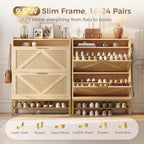 IRONCK Shoe Cabinet with 2 Flip Drawers, 48.3" H x 34.2" W x 10.2" D, Rattan Shoe Storage Organizer Cabinet with 4 Side Hooks, Free Standing Narrow Shoe Rack Cabinet for Entryway, Natural Oak