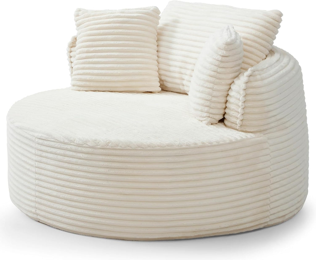 Oversized Round Chair Lounge Chaise Indoor, 53.5" Corduroy Boneless Round Chair, Fluffy Single Deep Seat Cloud Sofa Chairs, Modern Circle Chaise Lounge for Bedroom, Living Room, Beige White