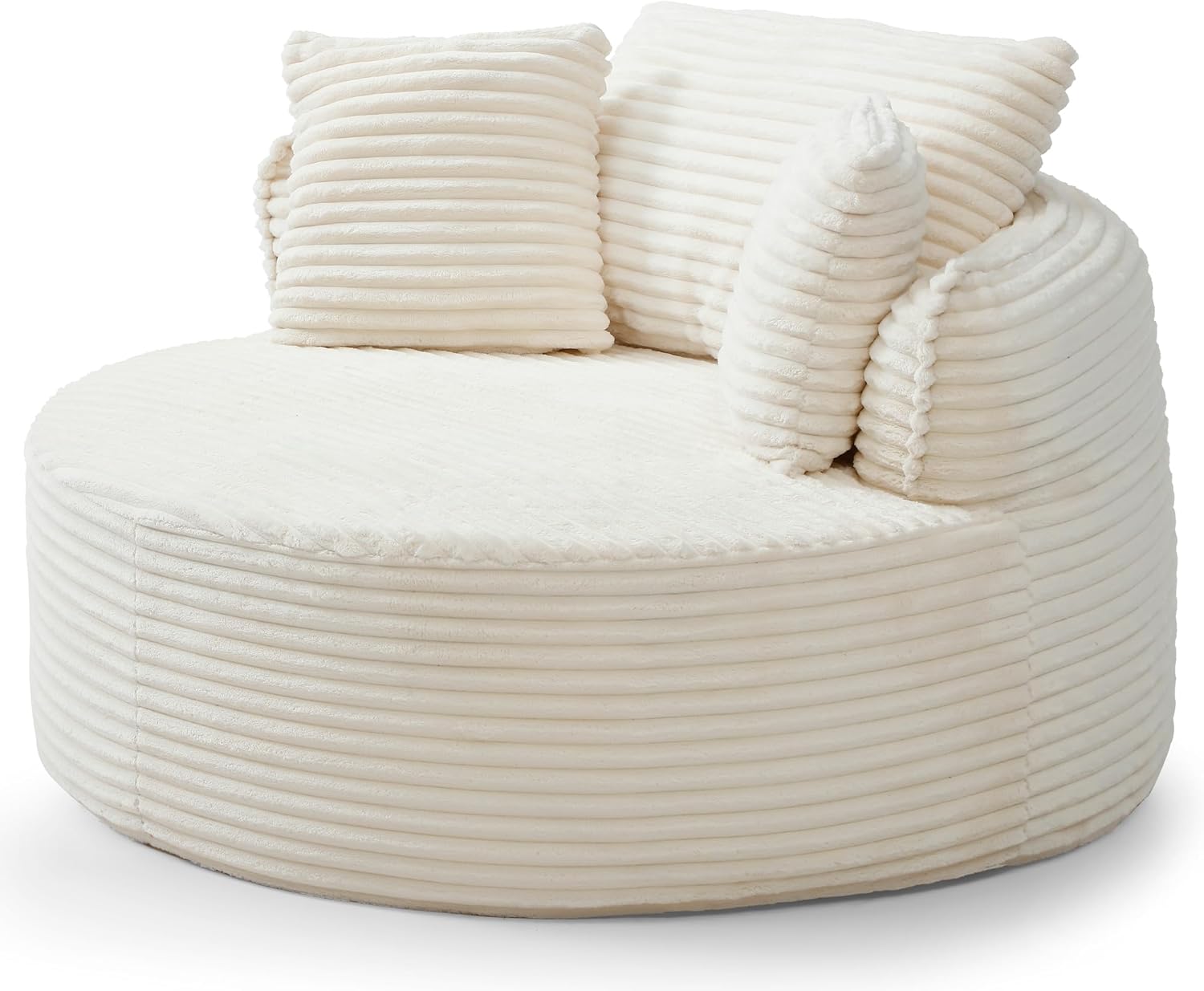 Oversized Round Chair Lounge Chaise Indoor, 53.5" Upholstered Corduroy Deep Seat Single Cloud Sofa Chair, Fluffy Modern Large Circle Boneless Sleeper Sofa for Living Room, Bedroom, Beige White