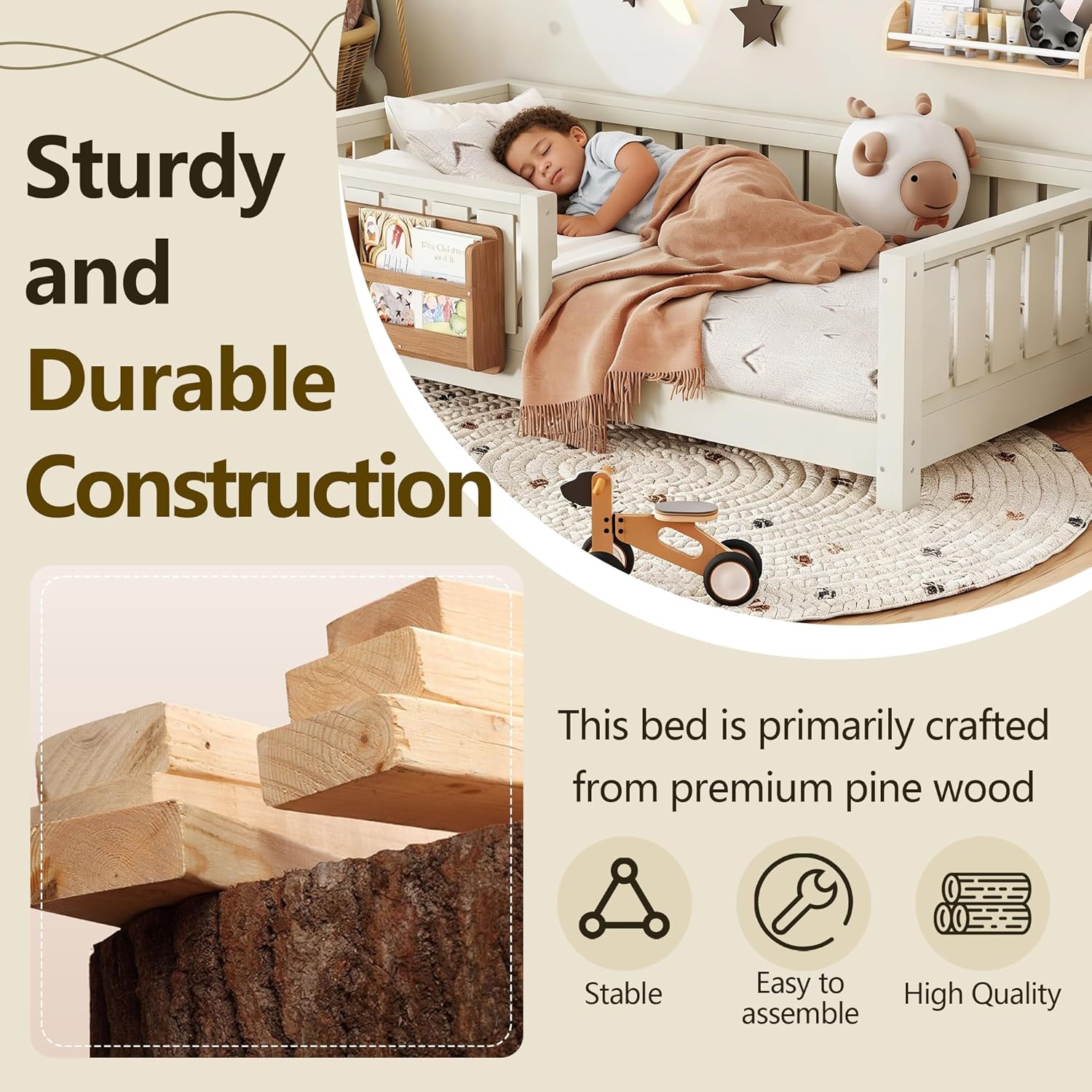 Bellemave Twin Size Kids Montessori Floor Bed Frame with Bookshelf and Guardrail,Solid Wood Floor Bed Frame with Slats for Girls Boys,Low-Profile,Beige
