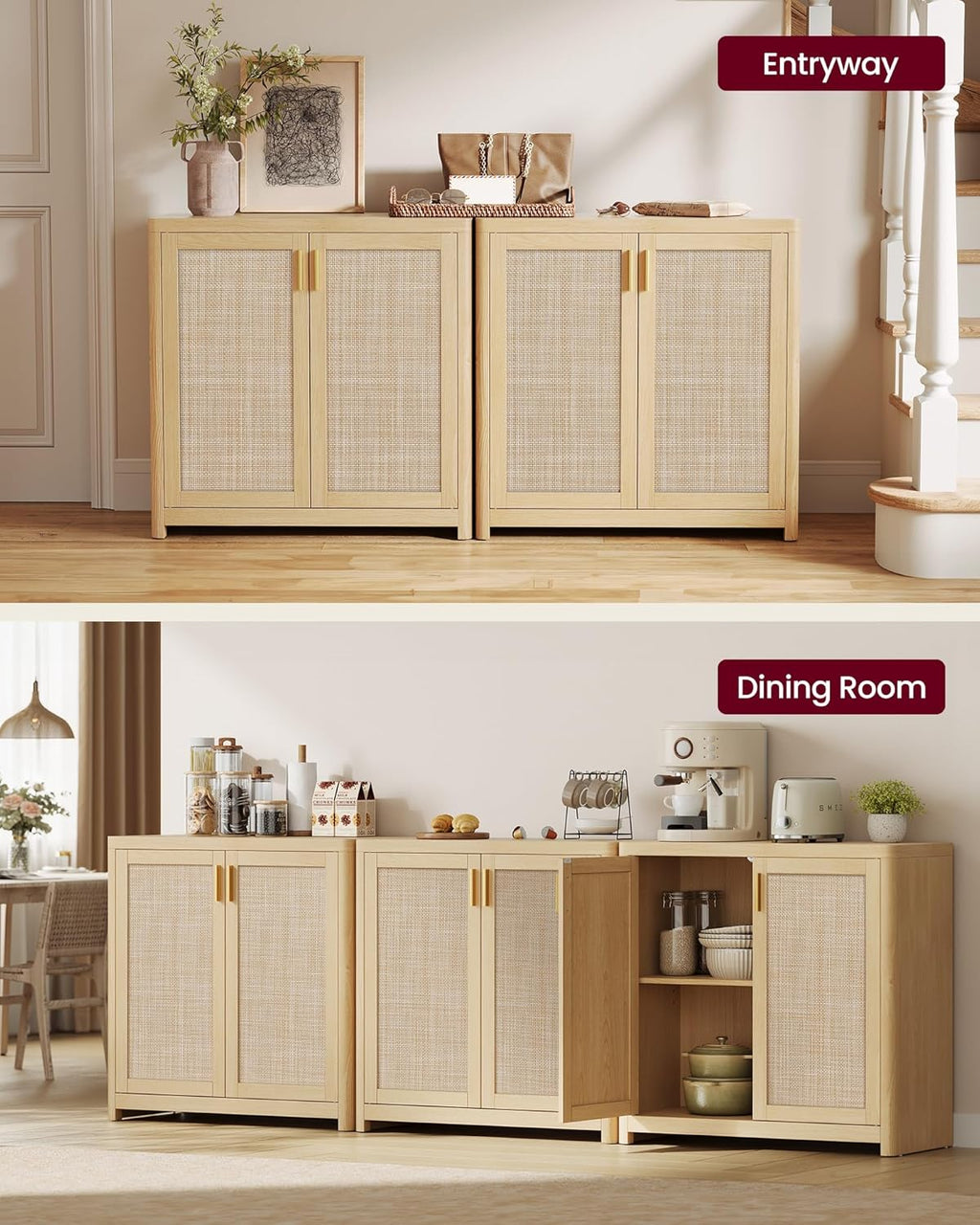 VASAGLE ELLAN Collection - Boho Buffet Cabinet with Rattan-Look Doors, Sideboard Storage Cabinet, Rounded Corners, Adjustable Shelf, for Kitchen, Oak Beige UBBK345YC01