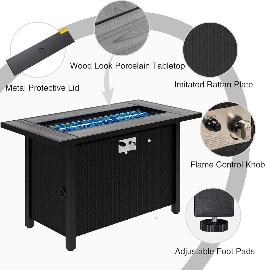 Meilocar 45in Fire Table  Propane Fire Pit with Glass Wind Guard and Rain Cover  Outdoor Firepit Table 50000 BTU 3-in-1 Fire Table for Patio/Yard/Balcony  Gray Tabletop