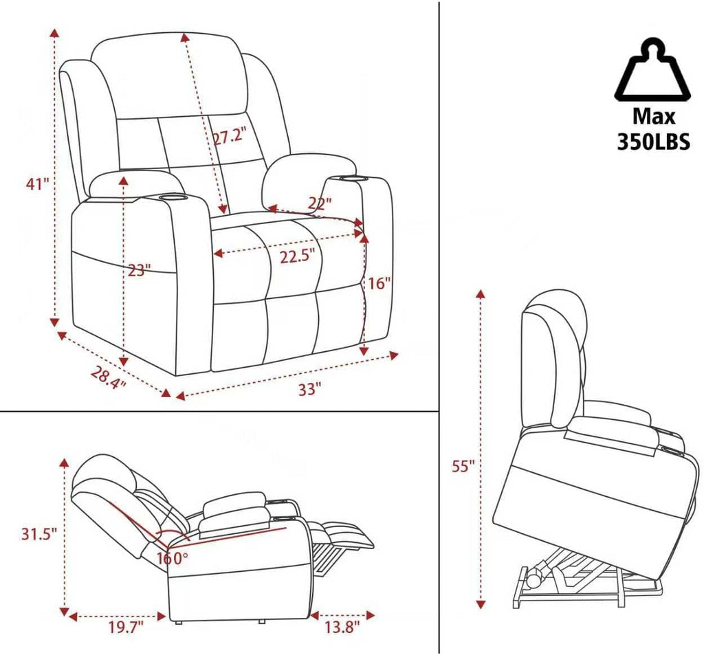 Electric Power Lift Recliner Chair Sofa with Massage and Heat for Elderly, USB and Type-C Ports, Cup Holders, Infinite Position (Brown, Regular)