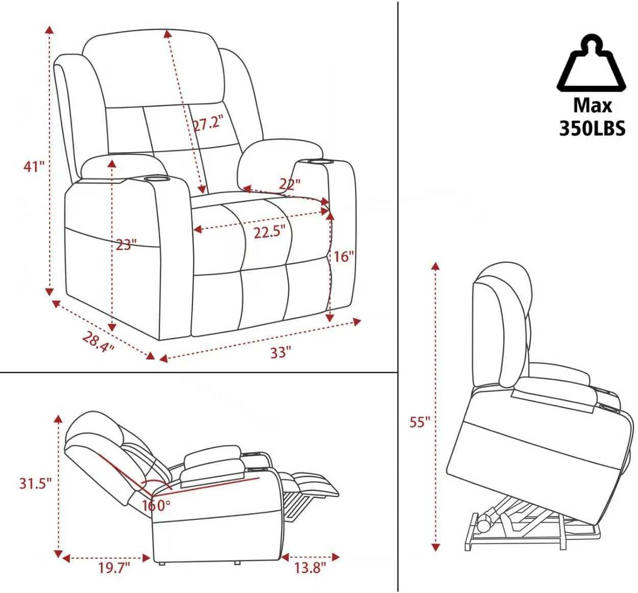 Electric Power Lift Recliner Chair Sofa with Massage and Heat for Elderly, USB and Type-C Ports, Cup Holders, Infinite Position (Brown, Regular)