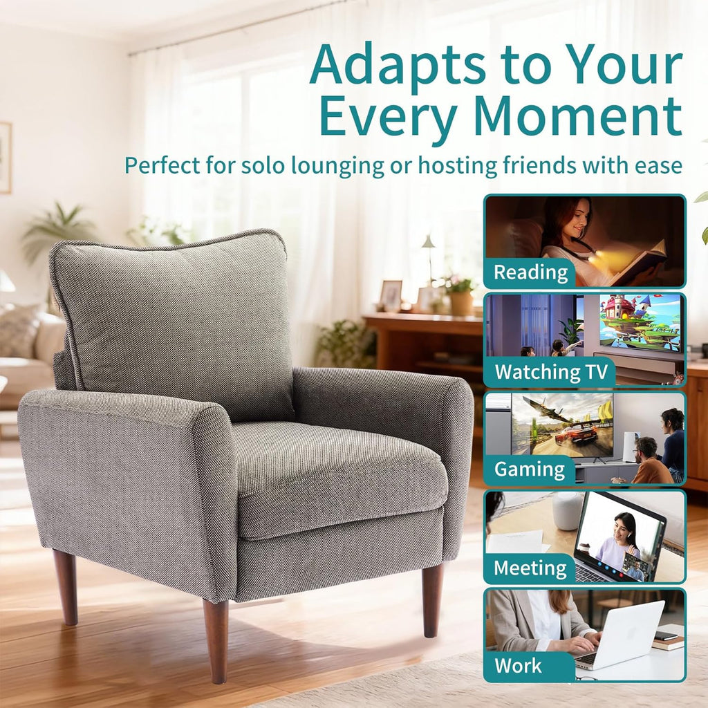 OLIXIS Comfy Accent Chair for Living Room Bedroom and Waiting Room, Upholstered Mid-Century Reading Chair with Pillow and Solid Wood Legs, Wide Singe Modern Lounge Sofa (Gray)